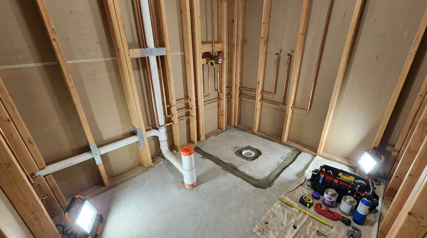 Bathroom rough-in plumbing during remodel by Johns Plumbing LLC in Charlotte Hall