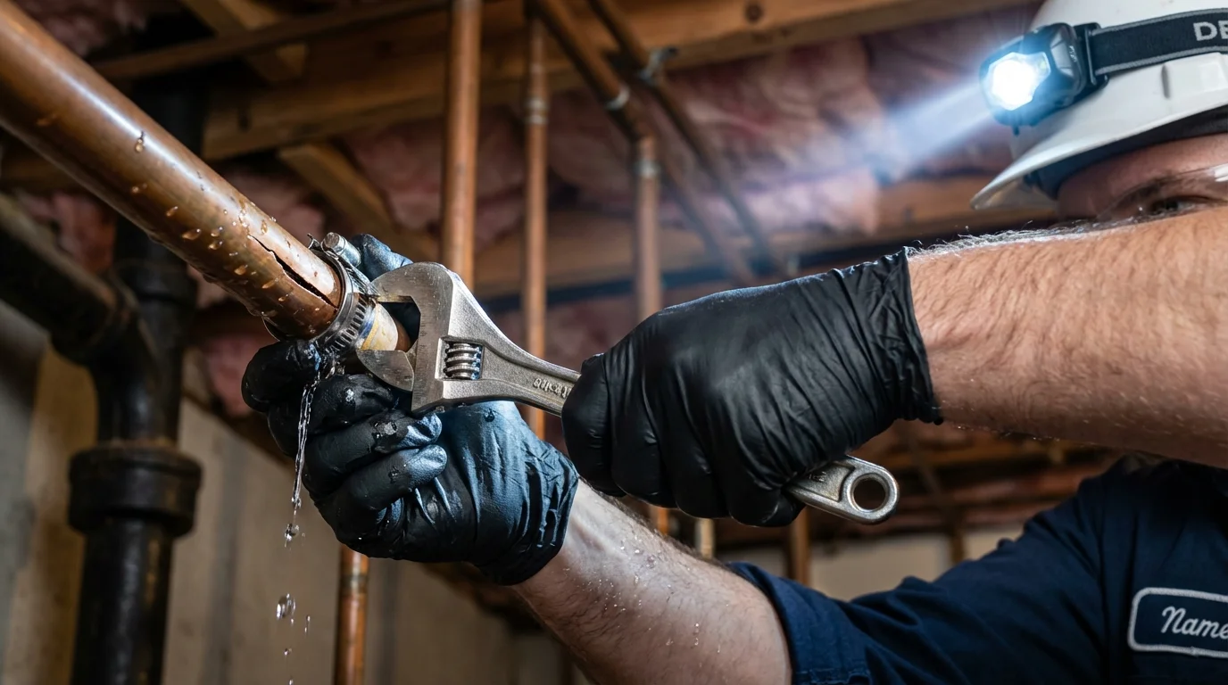Emergency pipe clamp repair being performed by a Johns Plumbing LLC plumber in Charlotte Hall