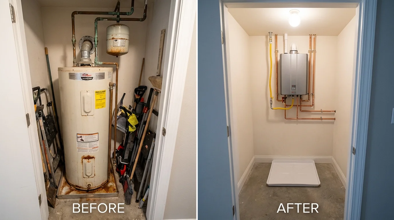 Tank water heater versus wall-mounted tankless unit comparison for Charlotte Hall, MD homeowners