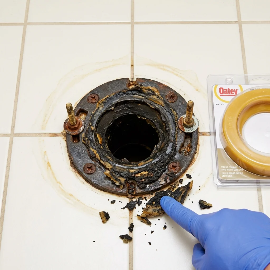 Failed wax ring showing water seepage at the base of a toilet in a Charlotte Hall, MD home
