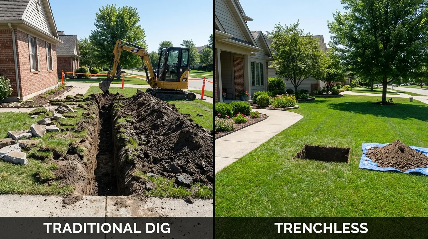 Trenchless sewer repair with minimal yard damage versus traditional excavation in Charlotte Hall, MD