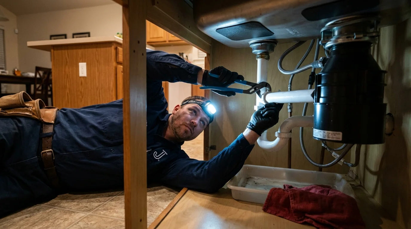 P-trap and supply line connections under a kitchen sink showing a common leak point in Charlotte Hall, MD